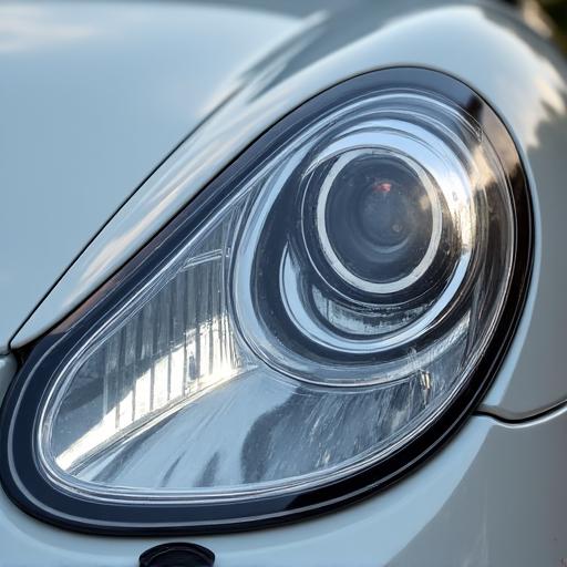 A crystal clear car headlight after restoration, sparkling brightly.