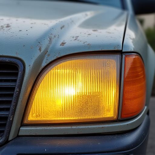 A foggy, yellowed car headlight, reducing visibility.