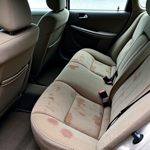 Dirty car seats and floor mats with visible stains.